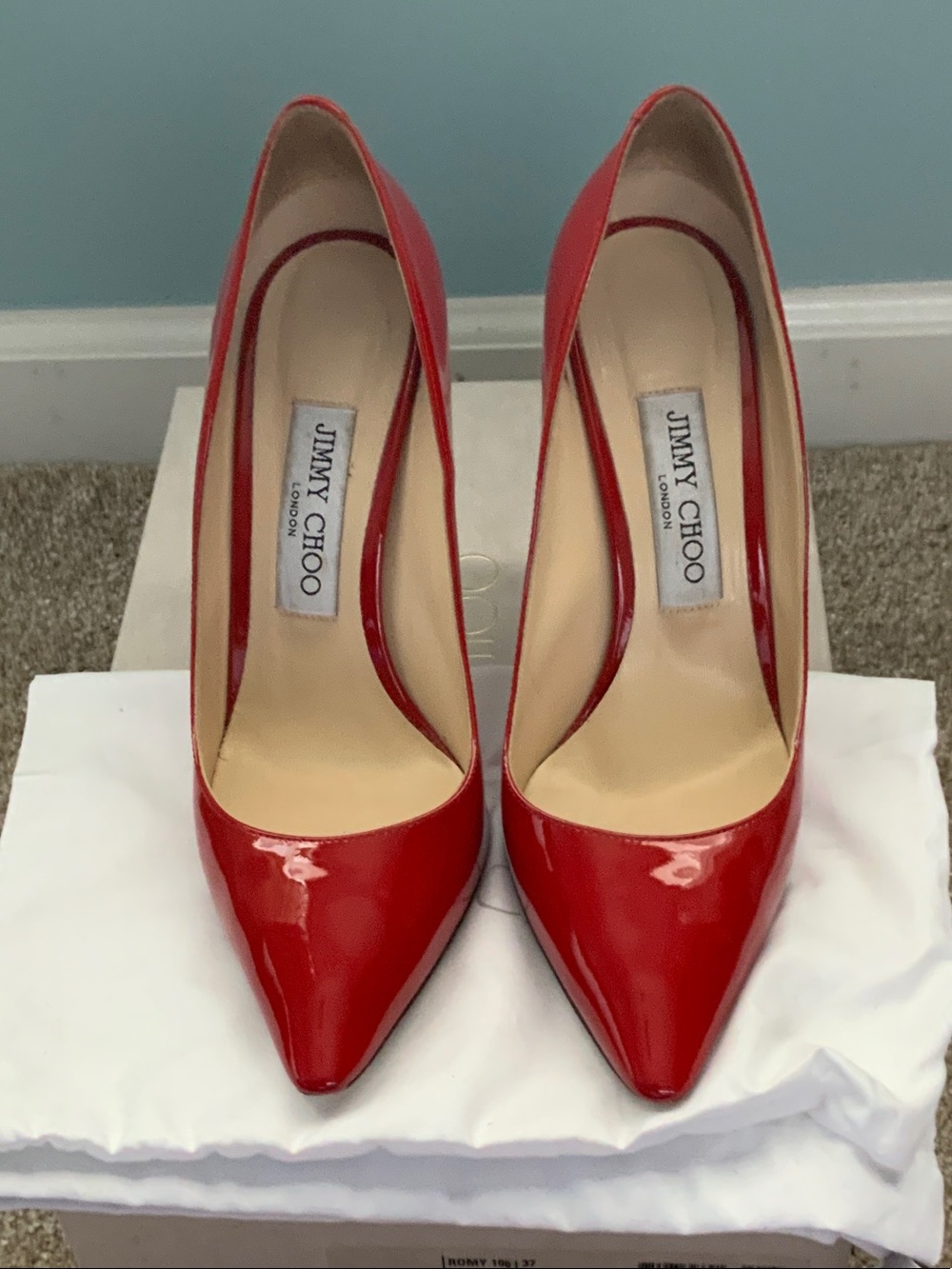 Jimmy Choo Red Patent Pointed Toe Stiletto Pumps